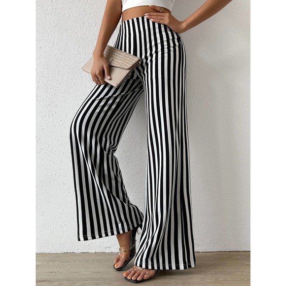 High Waisted Vertical Striped Flare Leg Pants minimalist black white - Picture 4 of 7